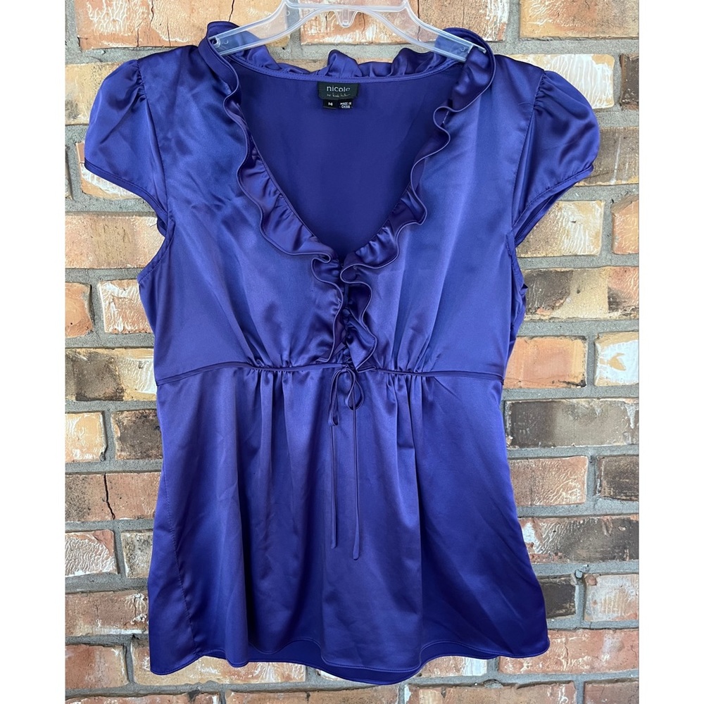 Nicole by Nicole Miller Royal Purple Cap Sleeve Ruffled V-Neck Blouse Size 14